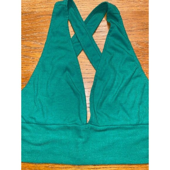 Ribbed Green Plunge Halter Bralette Top Cross Back - Picture 2 of 3